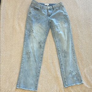 Straight Leg Jeans with Cross Embroidery